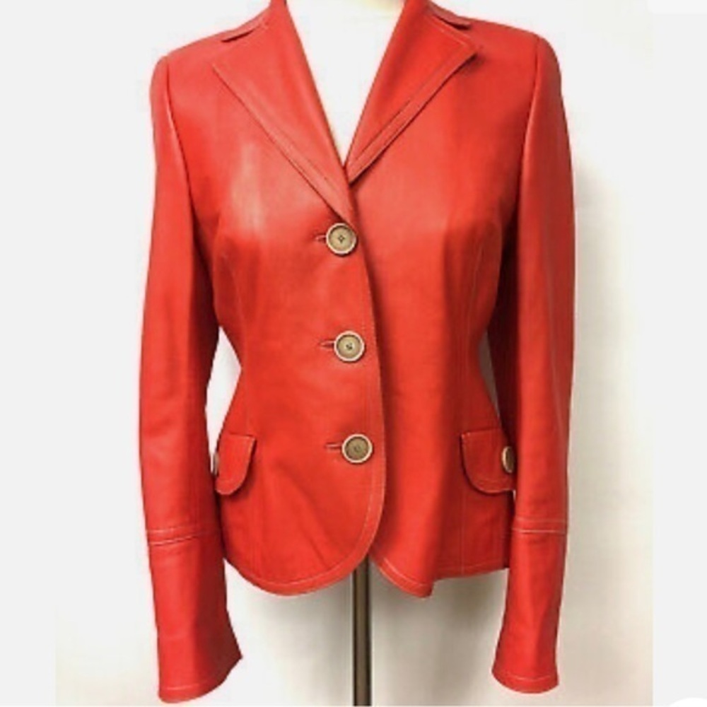 Akris red Lambskin Leather 3 Button Blazer